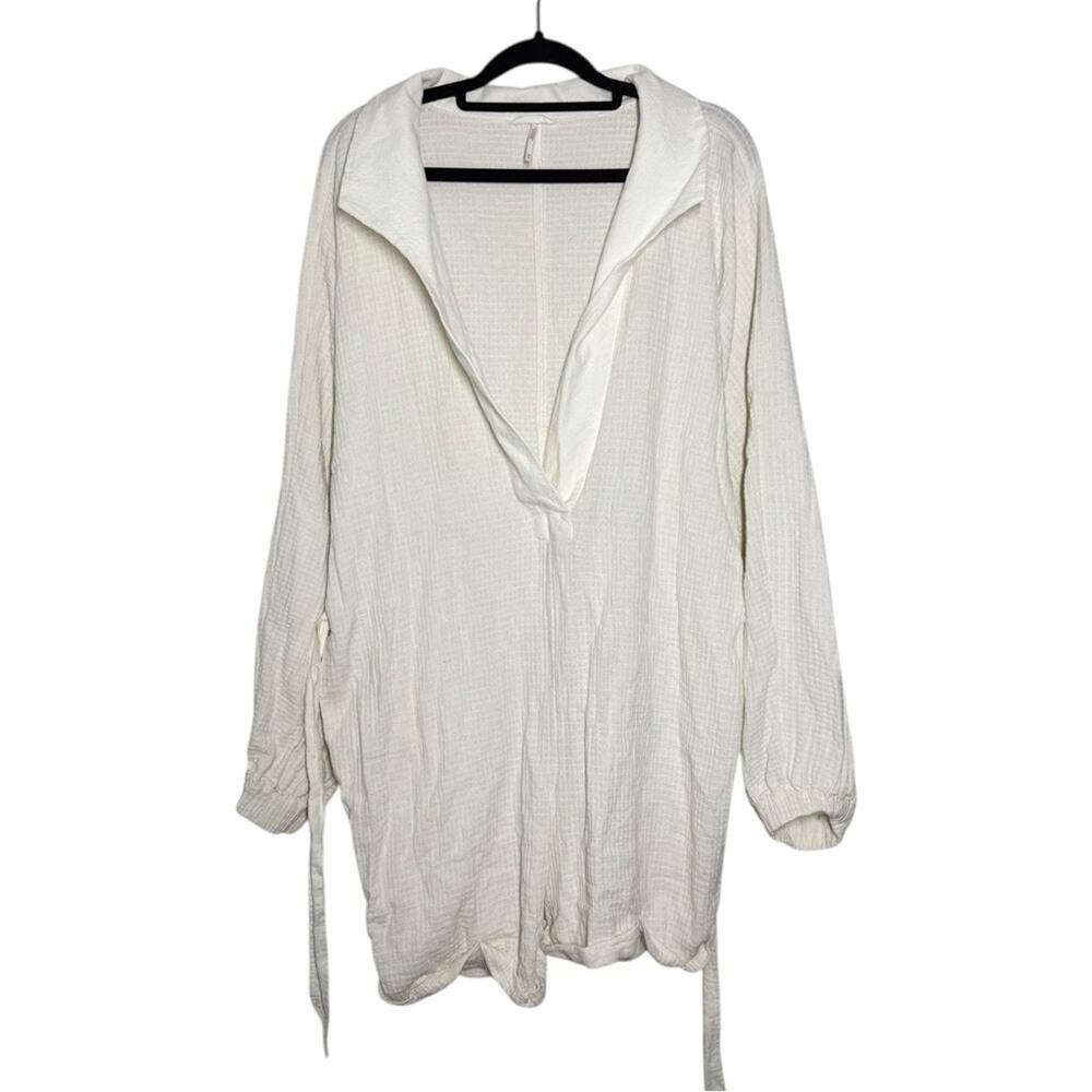Free People Cream Ivory Waffle Relaxed V Neck Tie Waist Emeri Romper - Medium - Picture 4 of 12